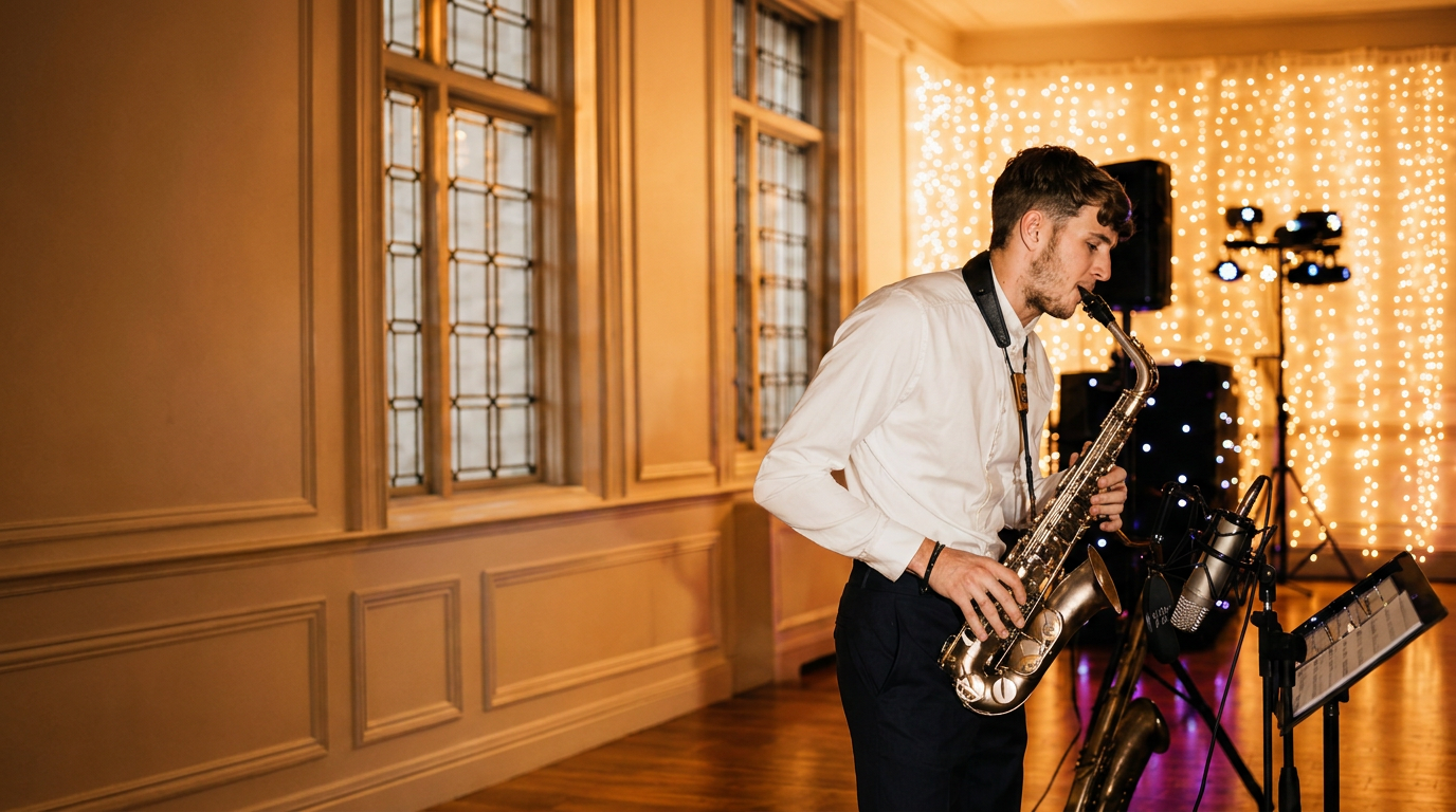 Me playing tenor saxophone in a panelled ballroom beside a fairy-light backdrop